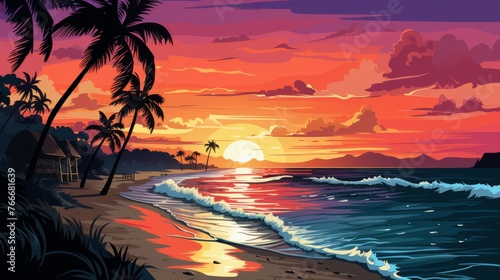 Painting of a Sunset Beach Scene with Palm Trees and Hut