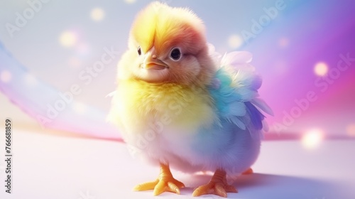 Vibrant chicken with colorful rainbow feathers on bright background
