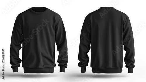 A blank black shirt mockup template displayed from front and back views, isolated on white, perfect for sweatshirt design presentations