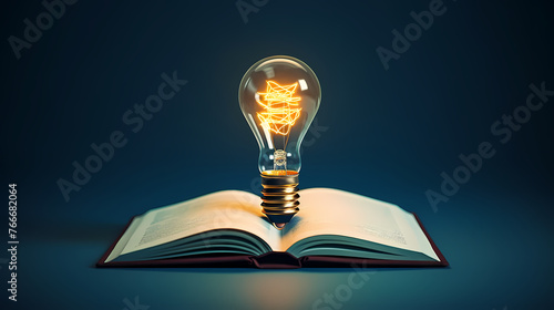 Glowing light bulb on book, reading inspiration concept, innovation idea