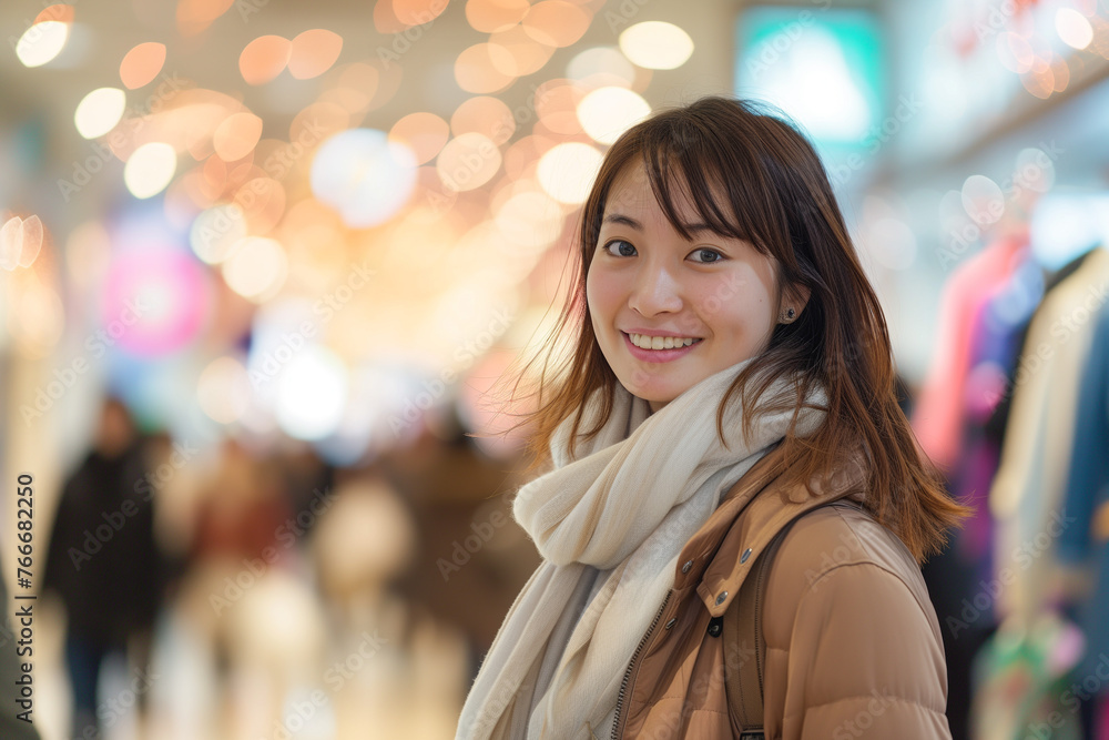 ショッピングセンターで買い物をしている日本人女性「AI生成画像」 ショッピングセンターで買い物をしている日本人女性「AI生成画像」