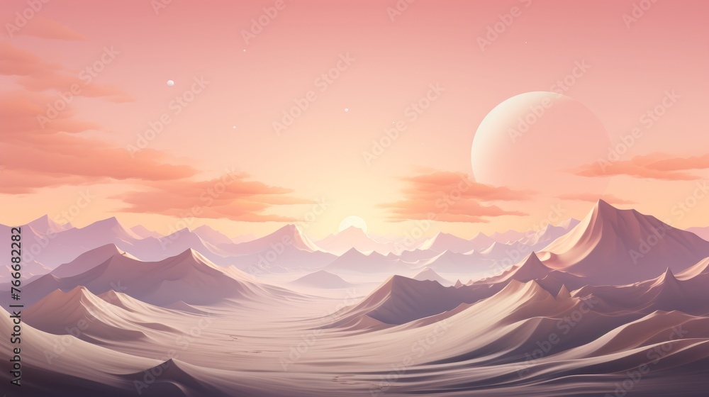 Painting of Mountains Framed by a Moonlit Pink Sky