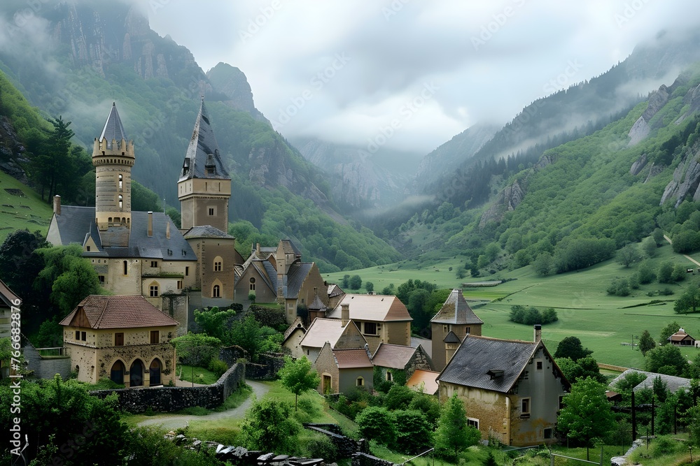 Panoramic view of a fictional medieval village with classic European architecture including towers castles and cathedrals. Concept Panoramic View, Medieval Village, European Architecture, Towers