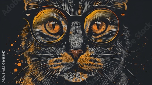 An artistic vector illustration of a cat wearing glasses, tailored for creative t-shirt designs