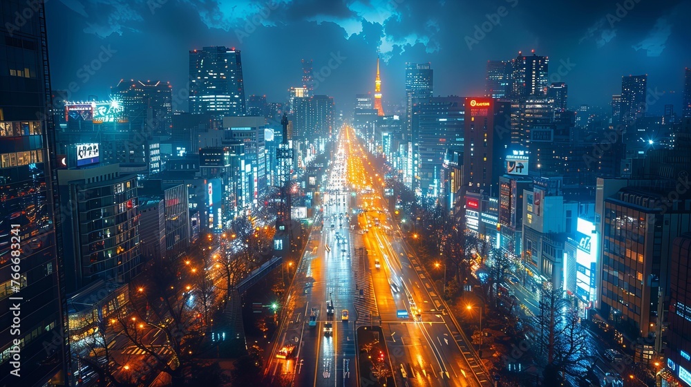 Vibrant Tokyo cityscape at night with illuminated skyscrapers and bustling streets