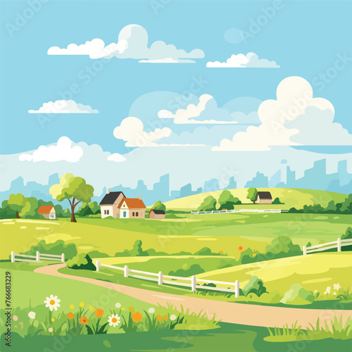 Rural farm landscape scene with houses. Summer coun