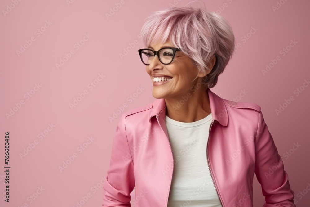Portrait of a happy mature woman with pink hair and eyeglasses