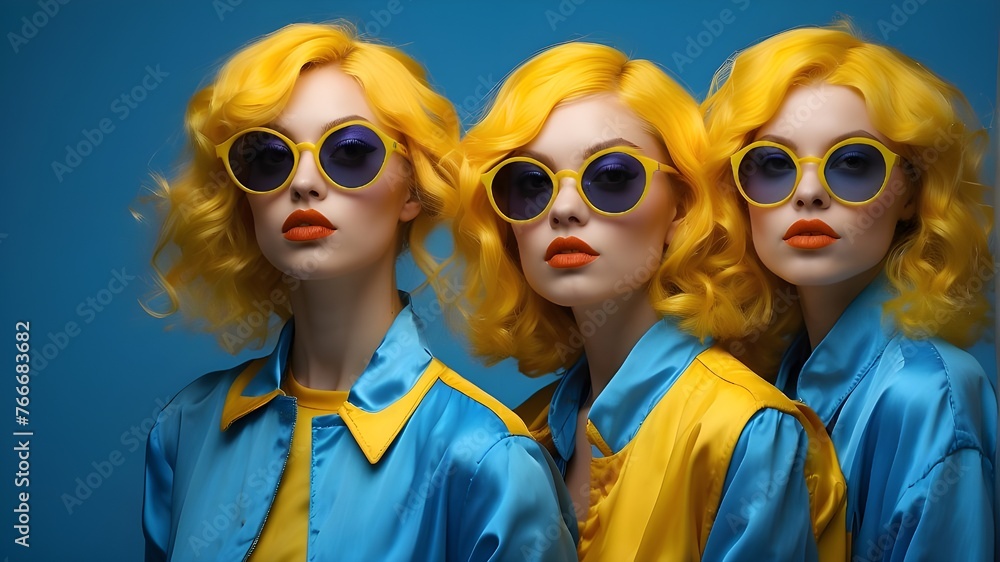 Three yellow girls with blazing blue shades against a blue studio backdrop. Easter idea