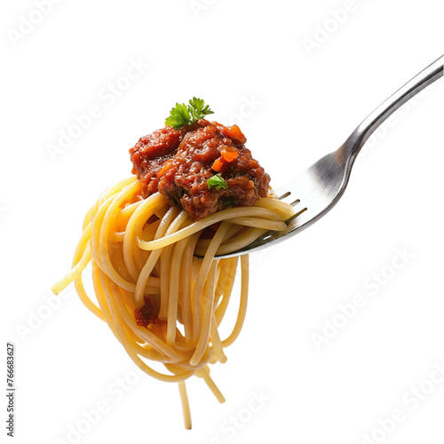 Spaghetti bolognese on a fork isolated on transparent background