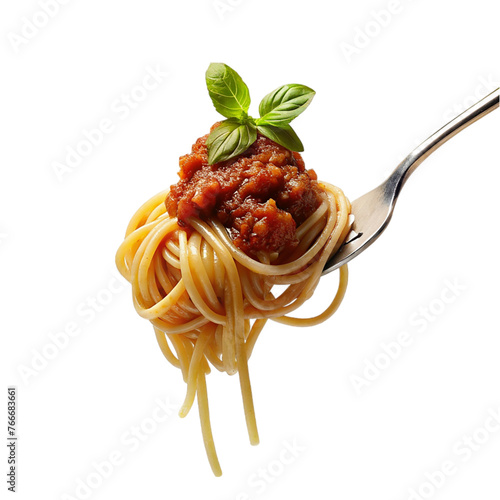 Spaghetti bolognese on a fork isolated on transparent background
