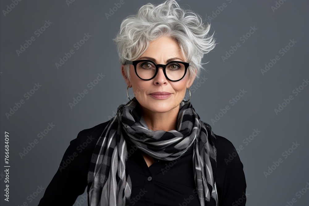 Portrait of a beautiful mature woman wearing glasses and a scarf. Portrait of a beautiful mature woman wearing glasses and a scarf.