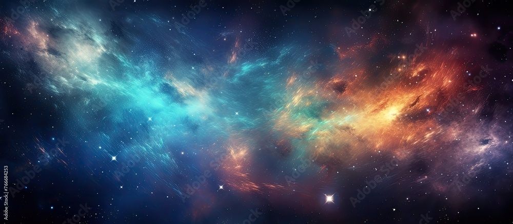 An artistic depiction of a vivid galaxy filled with a myriad of twinkling stars, glowing nebulas, and other cosmic elements in the backdrop