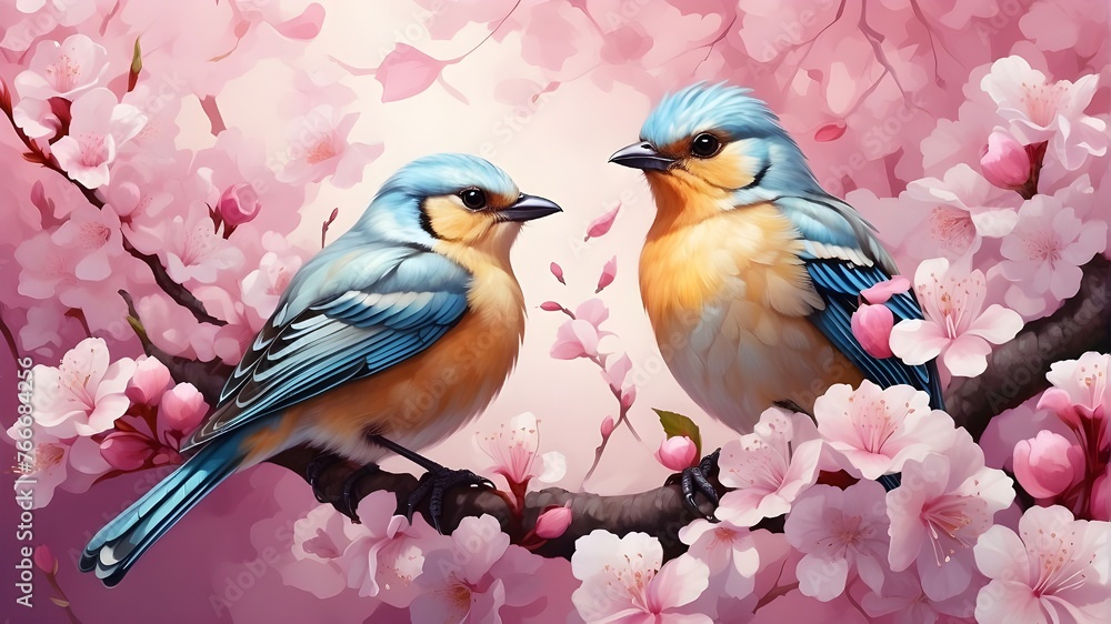 Vibrant Bird. A songbird between cherry blossoms