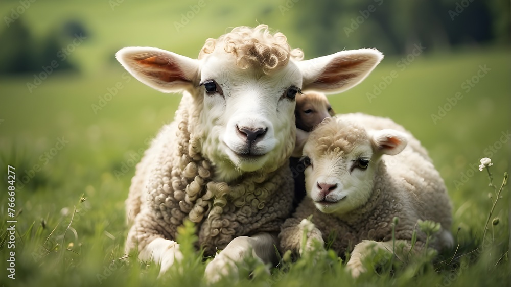 In a peaceful, verdant field, a charming lamb displays its adoration by cuddling with its devoted mother. In a peaceful, verdant field, a charming lamb displays its adoration by cuddling with its devoted mother.