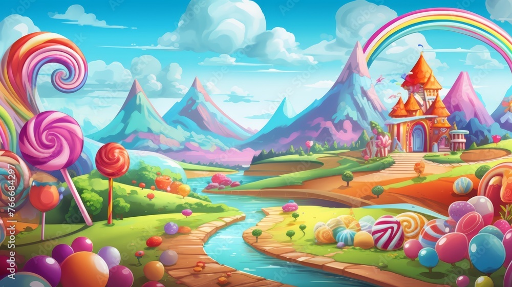 Cartoon Illustration of Castle and Stream in a Sweet Landscape Cartoon Illustration of Castle and Stream in a Sweet Landscape
