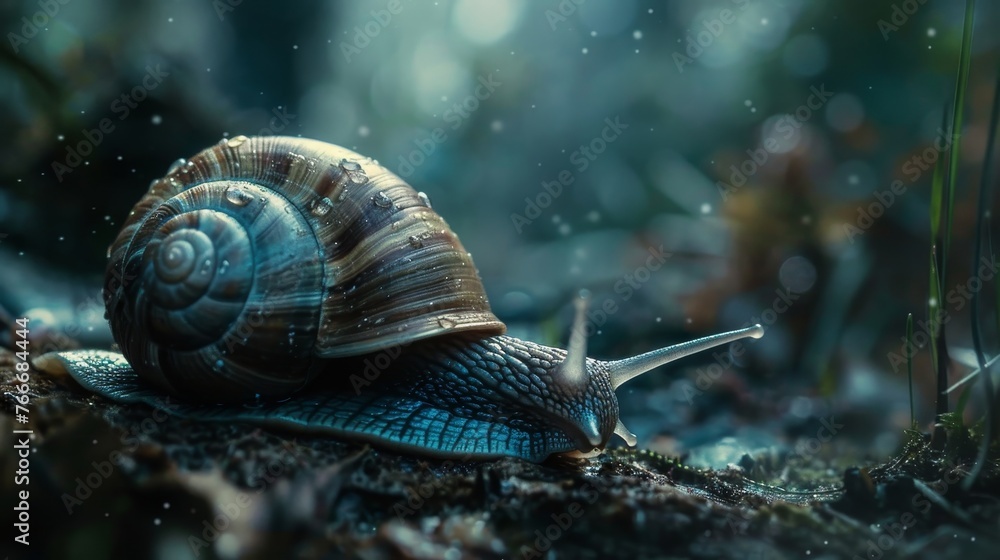 A cinematic view of a snail making its slow journey AI generated illustration A cinematic view of a snail making its slow journey AI generated illustration