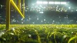 American football arena with yellow goal post grass field and blurred fans at playground view D render Flashlights Concept of AI generated illustration
