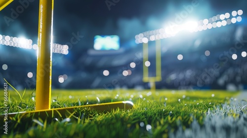 American football arena with yellow goal post grass field and blurred fans at playground view D render Flashlights Concept of   AI generated illustration photo