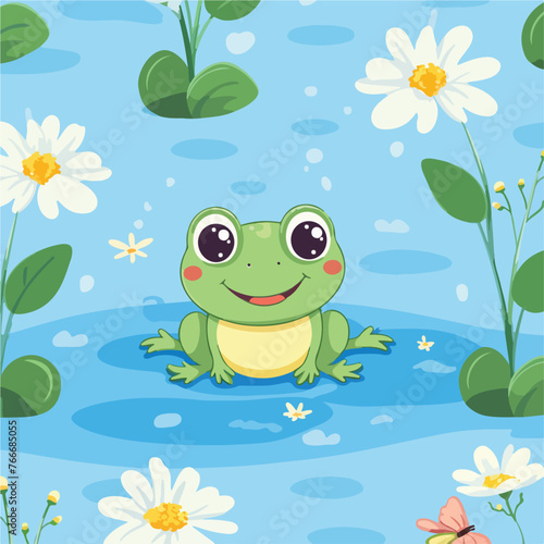 Seamless pattern of cute frog stay on leaf in the r