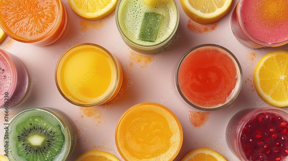 Freshly Pressed Juice A professional photograph capturing the vibrant colors of freshly pressed fruit and vegetable juices show AI generated illustration Freshly Pressed Juice A professional photograph capturing the vibrant colors of freshly pressed fruit and vegetable juices show AI generated illustration