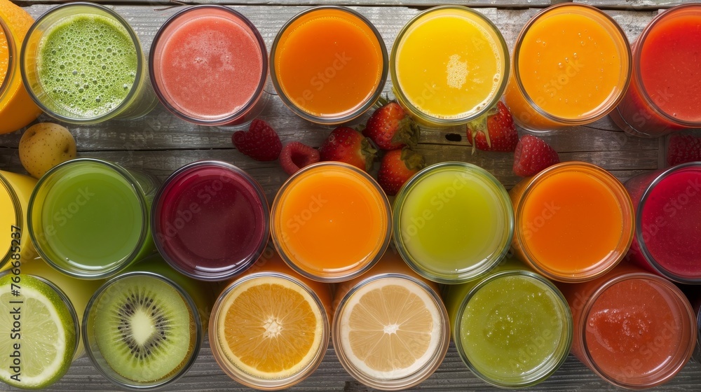 Freshly Pressed Juice A professional photograph capturing the vibrant colors of freshly pressed fruit and vegetable juices show AI generated illustration Freshly Pressed Juice A professional photograph capturing the vibrant colors of freshly pressed fruit and vegetable juices show AI generated illustration