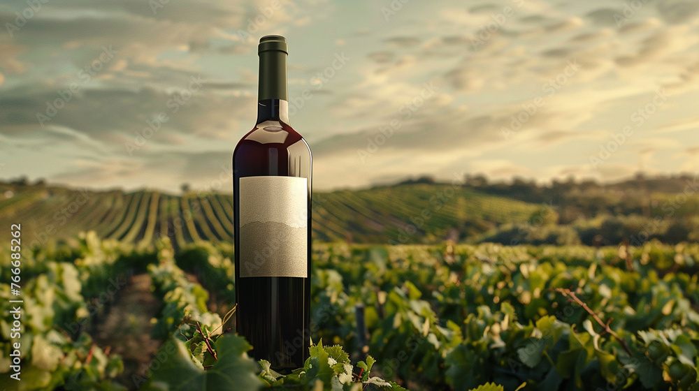 Gorgeous Wine Bottle Mock-Up Against a Vibrant Backdrop of Rolling Vineyards with Lush Grapevines - Golden Reflection with a White Label on the Bottle and No Text