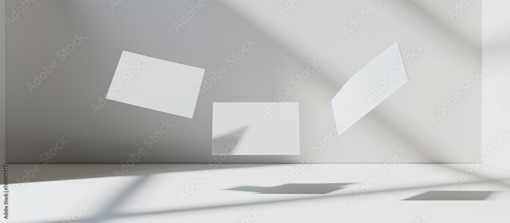 Design idea - three unique white business cards are depicted floating in the air from a frontal perspective, set against a white backdrop for a realistic mockup image, Design idea - three unique white business cards are depicted floating in the air from a frontal perspective, set against a white backdrop for a realistic mockup image,