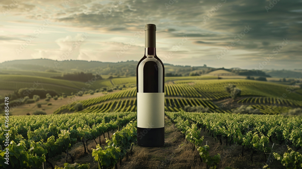 Obraz premium Gorgeous Wine Bottle Mock-Up Against a Vibrant Backdrop of Rolling Vineyards with Lush Grapevines - Golden Reflection with a White Label on the Bottle and No Text