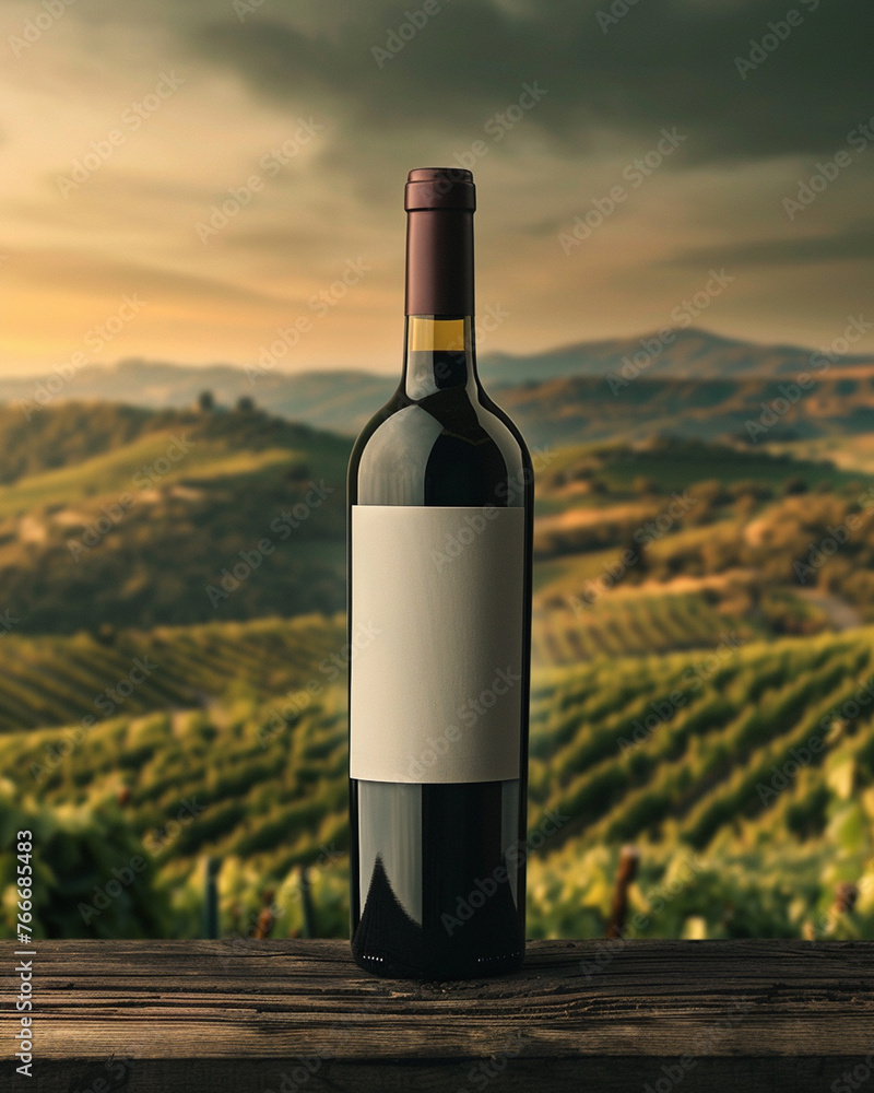 Gorgeous Wine Bottle Mock-Up Against a Vibrant Backdrop of Rolling Vineyards with Lush Grapevines - Golden Reflection with a White Label on the Bottle and No Text