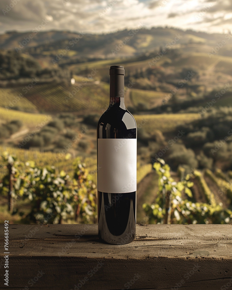 Fototapeta premium Gorgeous Wine Bottle Mock-Up Against a Vibrant Backdrop of Rolling Vineyards with Lush Grapevines - Golden Reflection with a White Label on the Bottle and No Text