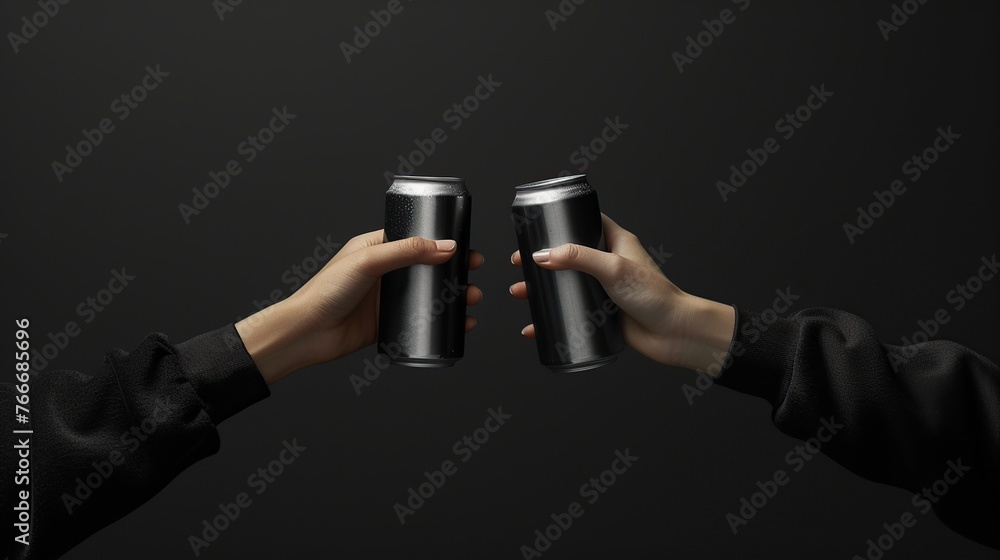 Fototapeta premium Two black cans in hands isolated on black background.