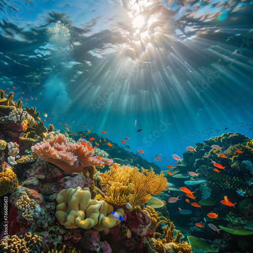Underwater Paradise: Sunlight Illuminating Tropical Coral Reef