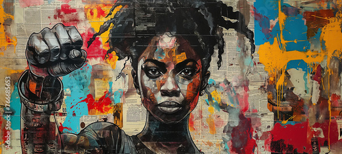 African woman s fist raised in strength against a rich tapestry of newspaper fragments and multicolored paints  encapsulating the spirit of empowerment  resilience  and cultural heritage