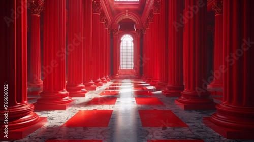 A long hallway with red pillars and a checkered floor, AI