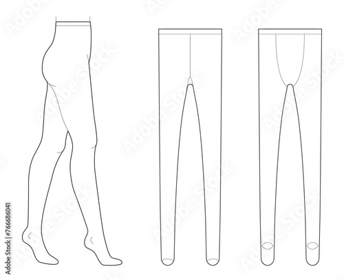 Set of Tights Pantyhose on legs, normal waist, high rise, full length. Fashion accessory clothing technical illustration stocking. Vector front, side, back view for Men women, unisex flat template CAD