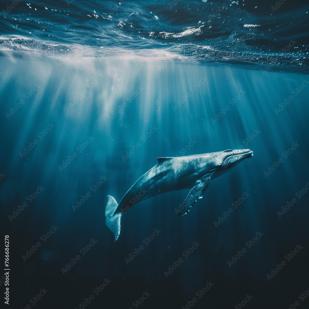 Fototapeta premium Majestic Whale Gliding through Sunlit Waters