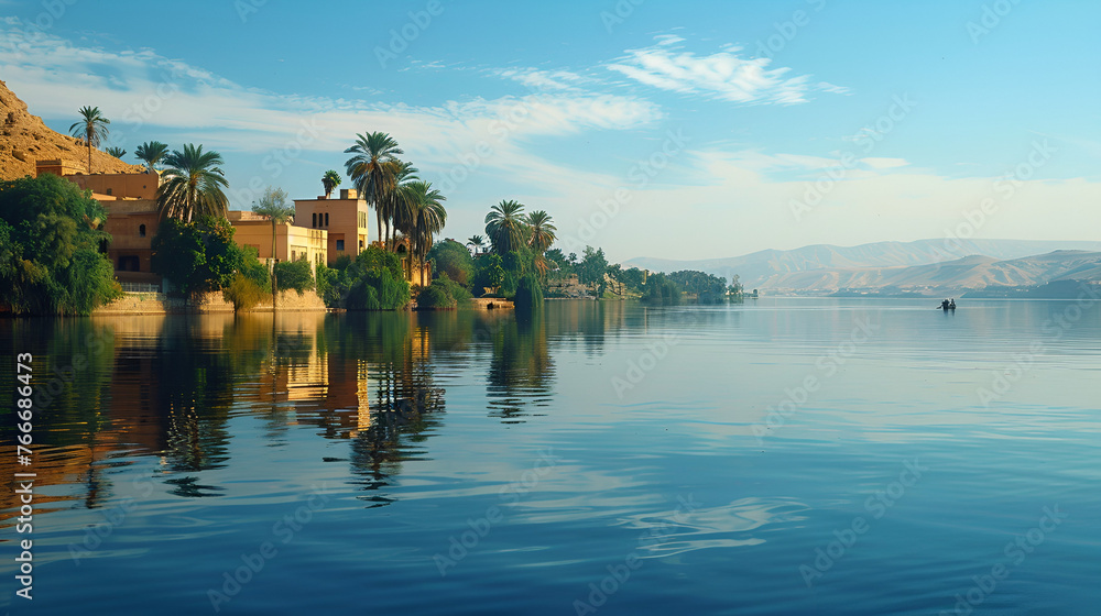 Lakeside scene Aswan with graceful reflection serene, Serene lakeside scene with a lone swan gliding across the water, Generative Ai 