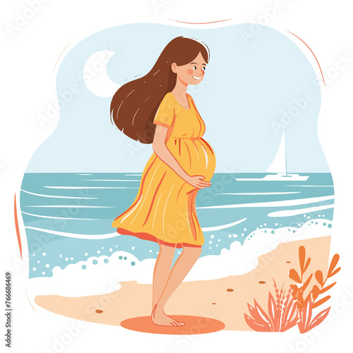 Smiling and happy pregnant woman by the Sea flat ve