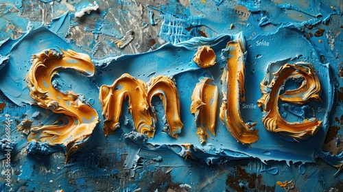Word text " Smile " made of toothpaste on blue background