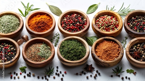 Variety of spices and dry herbs in bowls
