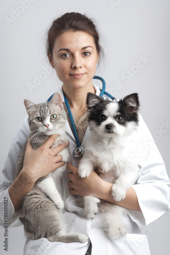 Veterinarian with a cat and a dog on a gray background © LAYHONG