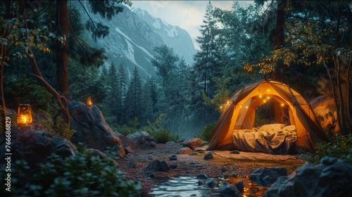 night, synthwave dreams, a bed in a tent, a beautiful Korean woman is sleeping, Outside the tent, landscaping the forest photo