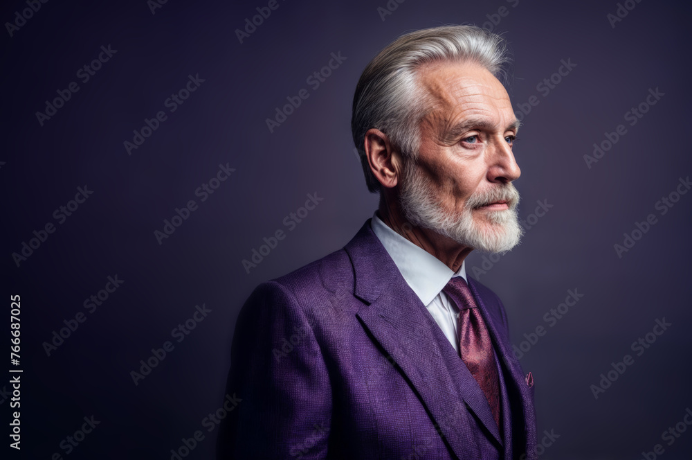 Portrait of a handsome senior man with grey hair wearing a purple suit. Portrait of a handsome senior man with grey hair wearing a purple suit.