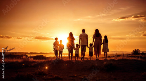 Silhouette of a happy family on the beach at sunset.