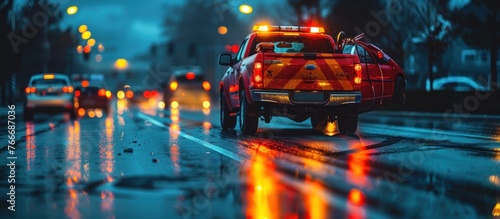 Tow truck with a broken car on a road