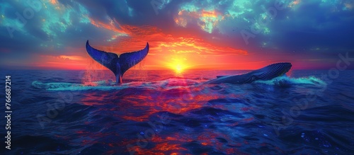 whale tail above the sea and with a sunrise background photo