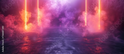 The dark stage shows, purple background