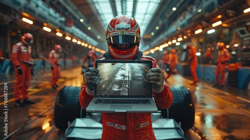 Formula-1 pilot holding a blank screen laptop in a Formula-1 arena photo