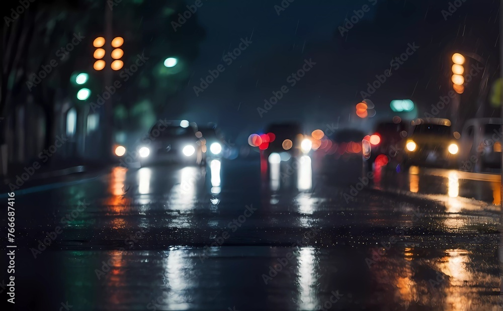Rain at night on road with blurred lights background high quality photo 