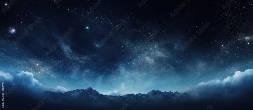 View of majestic mountains stretching into the distance under a blanket of sparkling stars in the night sky